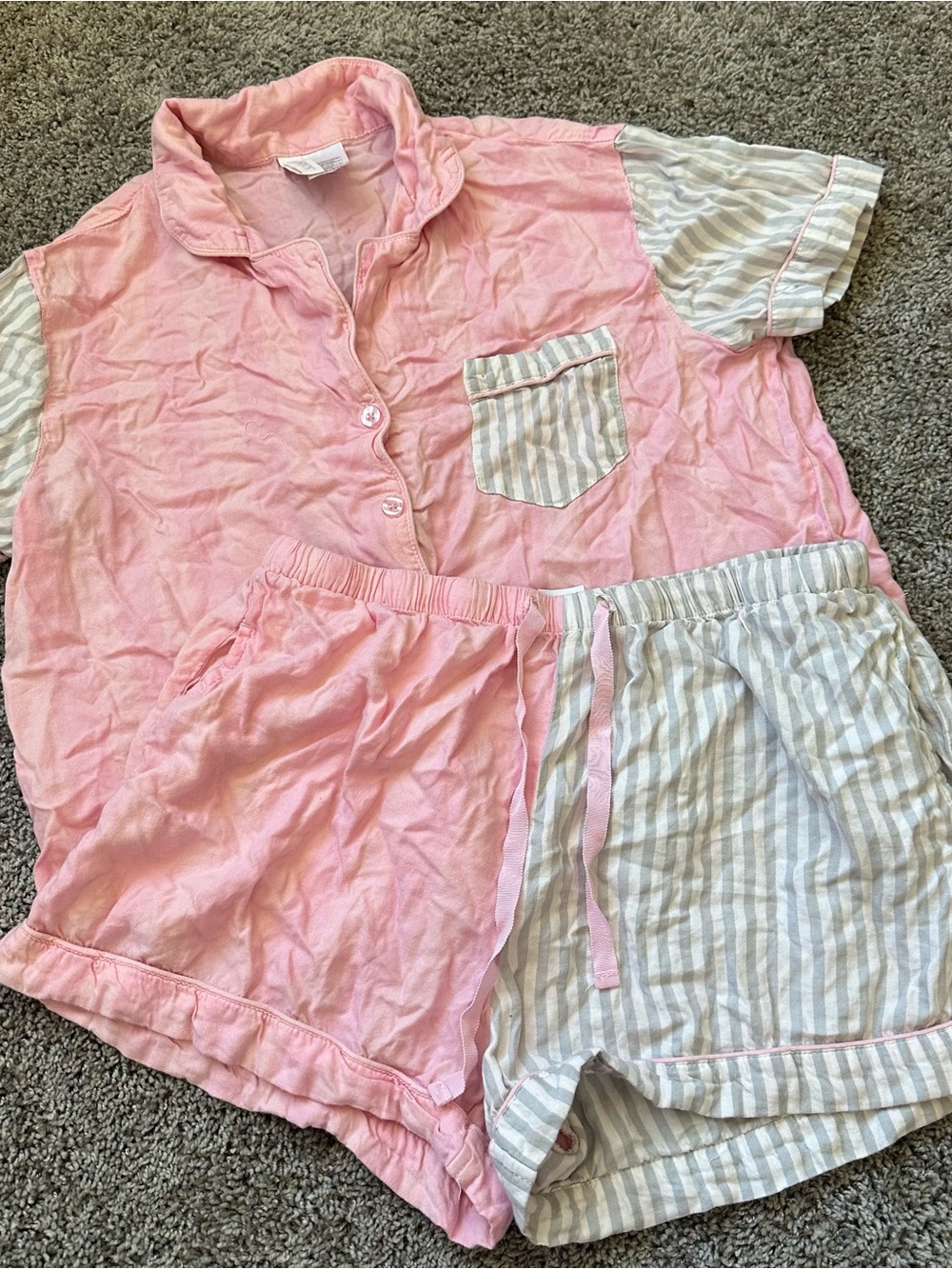 Women's Pink & Gray Striped Two-Piece Pajama Set